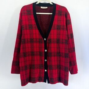 Vintage 90s Red Tartan Plaid Metallic Cardigan Sweater Christmas Holiday Preppy